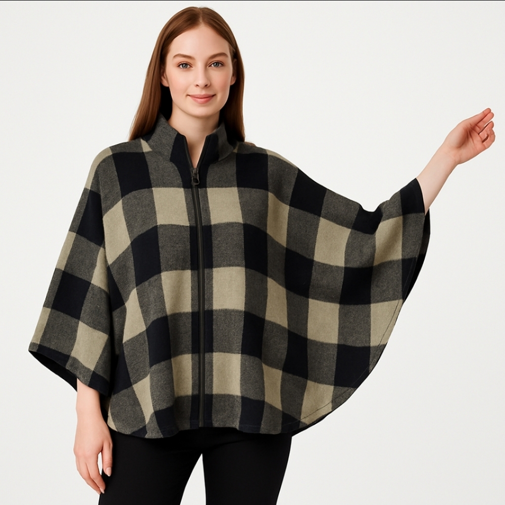 Jones New York Black Checkered Poncho Boho Plaid Sz Lg